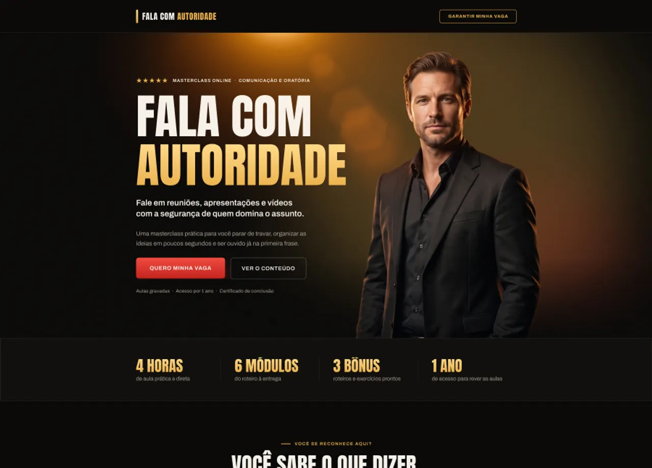 Print da home do projeto Masterclass Fala com Autoridade